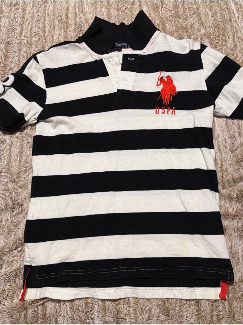 U.S. Polo Assn. Black & White Striped Polo with Red Logo